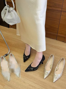 法式水钻网纱透气高跟宴会婚鞋韩版新款仙女风尖头细跟单鞋8062