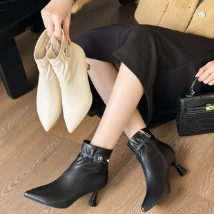 34码韩版时装靴女新款尖头细跟高跟短靴百搭气质瘦瘦靴H60553