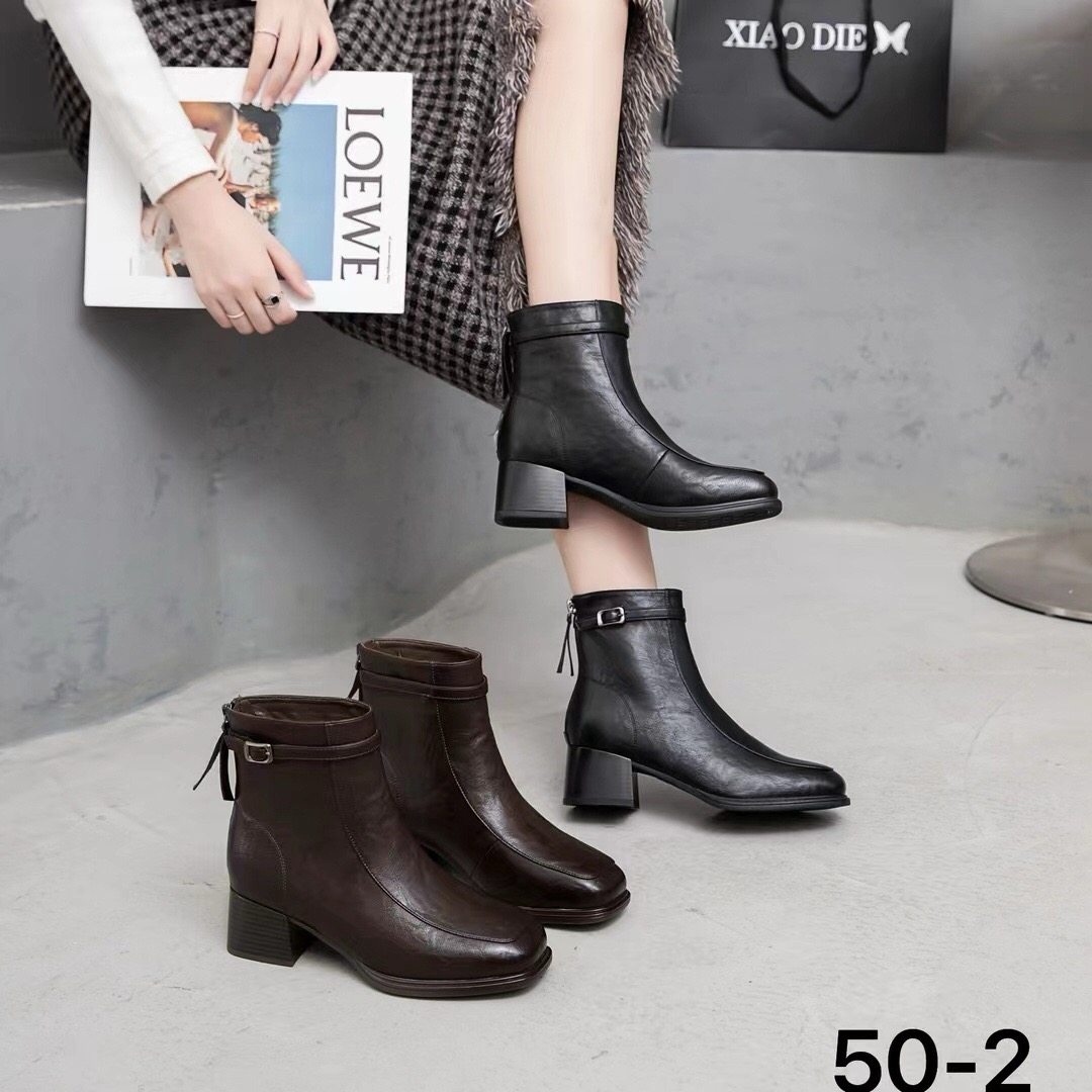 瘦瘦靴撤柜舒适时尚洋气粗跟圆头方跟通勤百搭黑色靴子女M50-2C