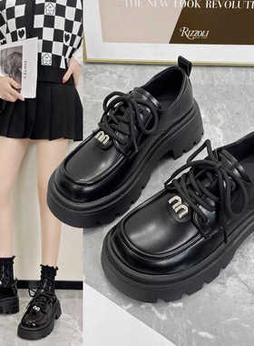 黑色厚底松糕小皮鞋女复古英伦学院风百搭矮子乐增高单鞋B68193