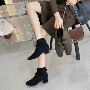 靴瘦瘦靴279082 黑色金属扣英伦风时装 韩版 方头粗跟短靴女冬季