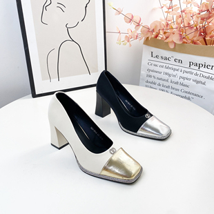 浅口女鞋 希希家复古粗跟高跟鞋 百搭单鞋 方头拼色时尚 50145 女新款