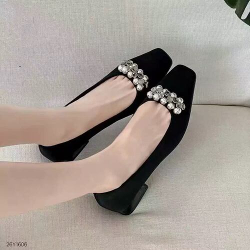 新款四季银色百搭水钻通勤浅口软底一脚蹬粗跟单鞋女鞋SMA26Y1606