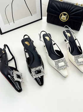 法式小香风包头凉鞋女撤柜低跟气质职业新款水钻方头后空WM5C418