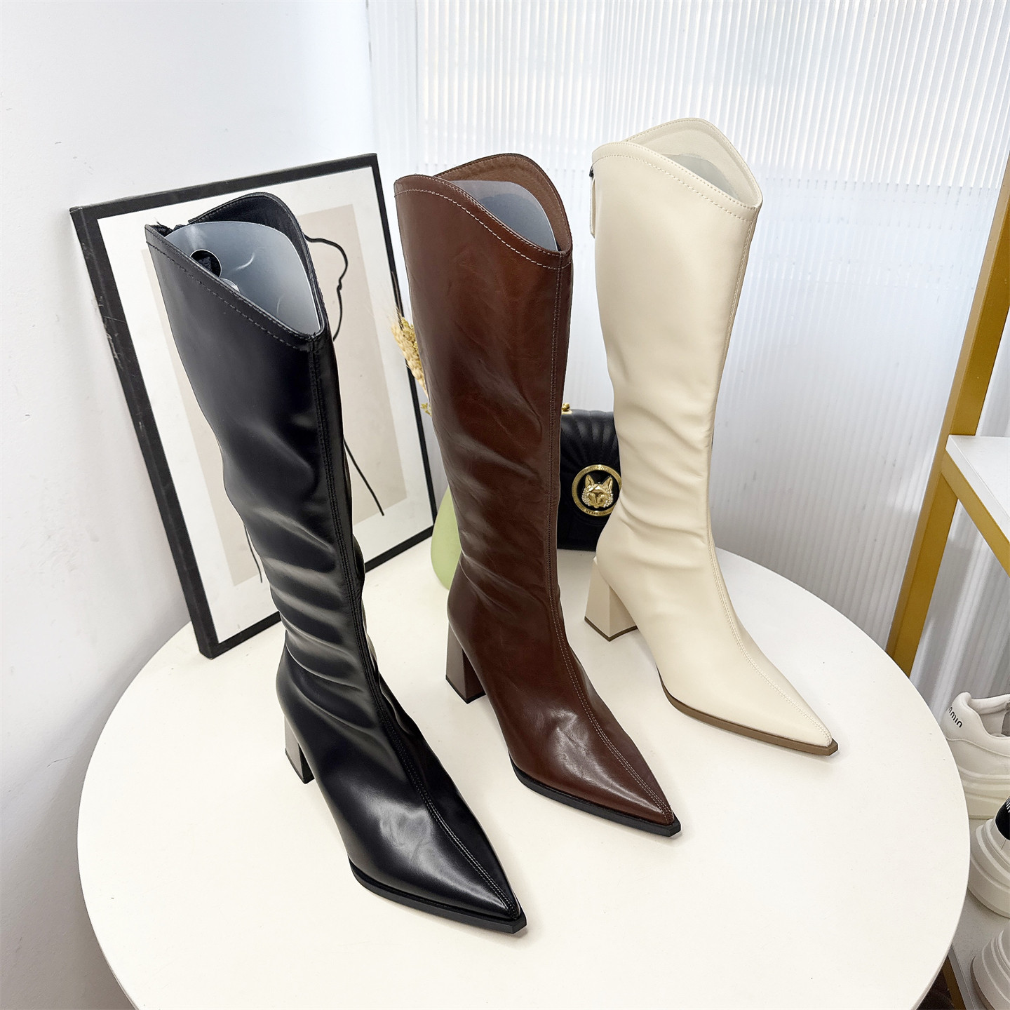 加绒尖头粗跟长筒靴女骑士靴显瘦时装靴高筒靴小个子长靴D727-85C,女鞋,时装靴,淘宝优惠券,粉丝福利购,淘宝优惠卷