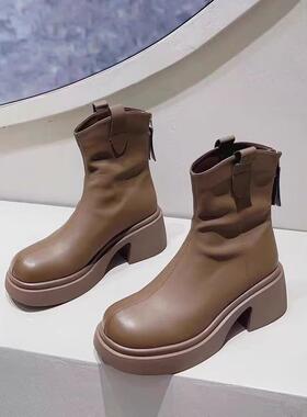 V口冬季新款英伦配裙子厚底显脚小粗跟瘦瘦靴女23097-A