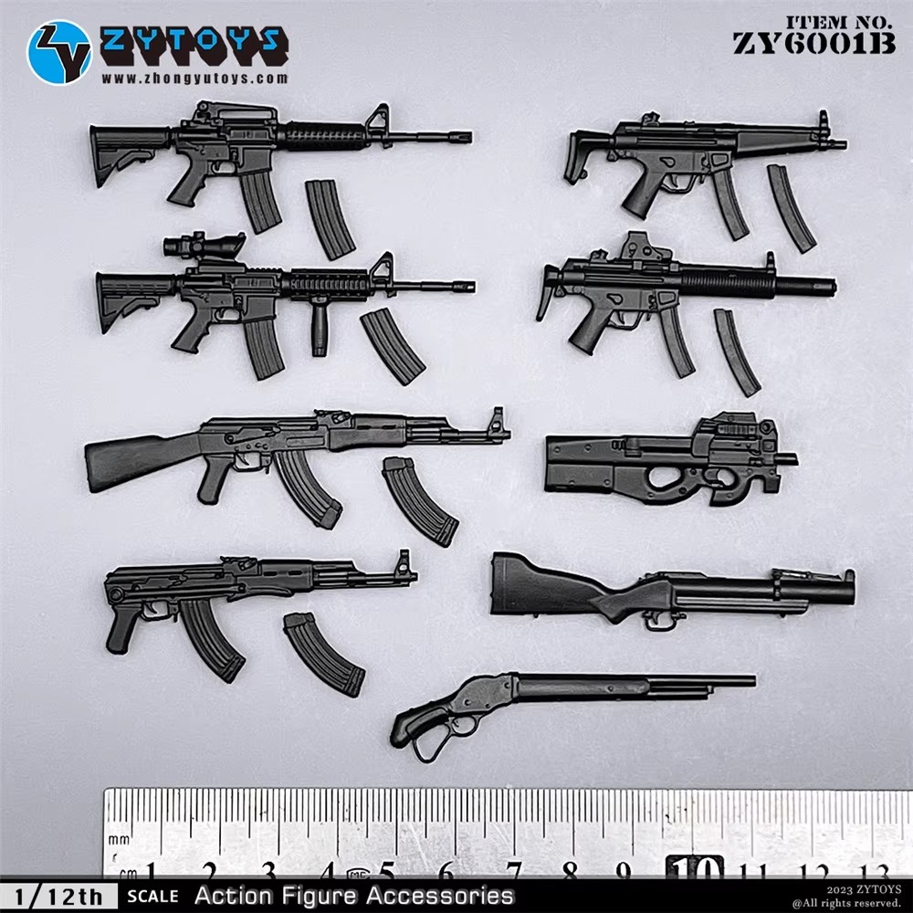 ZYTOYS 原黑色1/12 MP5 M4 AK47 P90 M1887 散弹塑料摆件模型