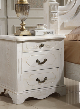 欧式榆木床头柜全实木雕花白色开放漆卧室组装储物柜新古典床头柜