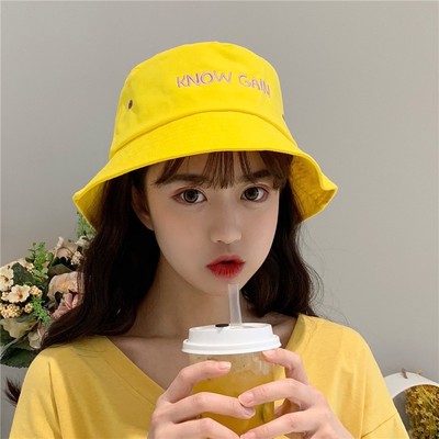 编码333---387渔夫帽男女黄色复古字母刺绣防晒布帽