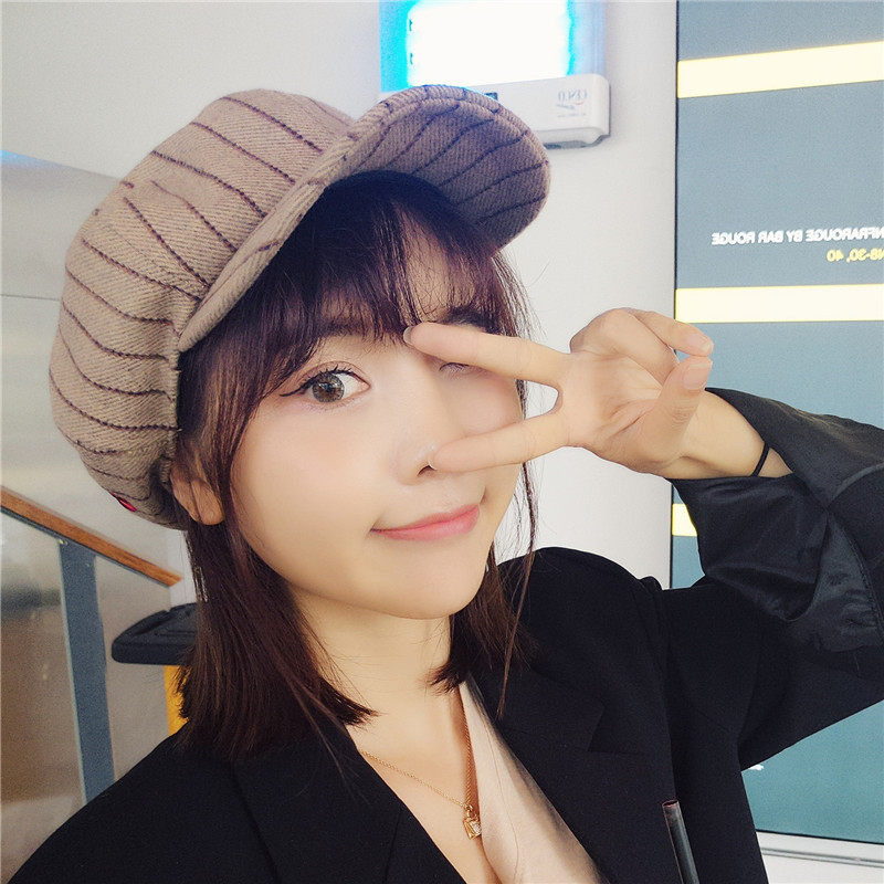 新款条纹画家帽子女韩版刺绣潮休闲学院风文艺街头潮人春秋八角帽