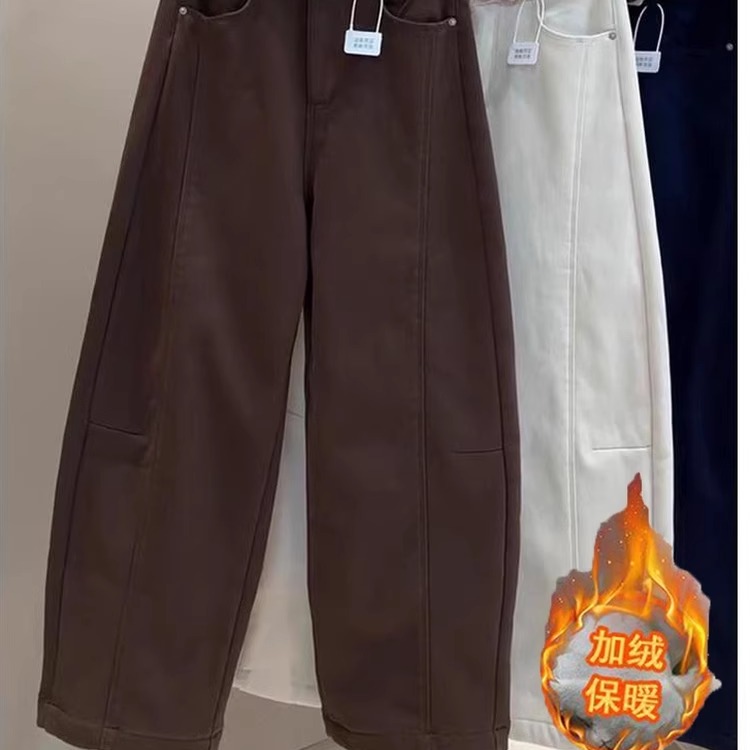 咖色加绒弯刀牛仔裤女秋冬高腰