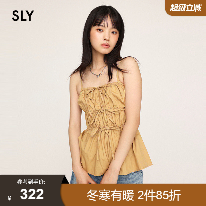 sly甜美度假风设计感褶皱吊带衫
