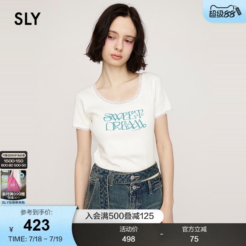 SLY 2025夏季新品甜美风蕾丝边字母圆领舒适短袖T恤030ISR90-3291