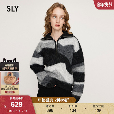 SLY 2025冬季新品甜酷盐系风拼色半拉链针织毛衣女030IAZ70-1601