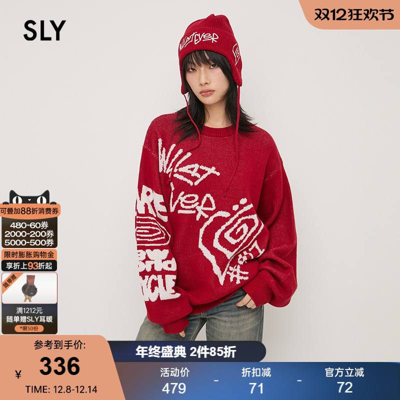 SLY 2024冬季新品街头涂鸦宽松毛衣针织衫女030HAA70-4221