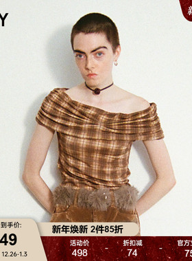 SLY 2025早秋新品复古格子捏褶一字领短袖针织衫女030IAR80-0681