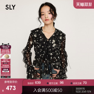 2025夏季 女030ISZ30 新品 衬衫 5391 蝴蝶结荷叶边碎花雪纺长袖 SLY