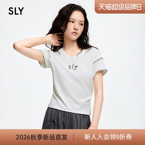 SLY2026夏季新品简约休闲风字母印花V领花边短袖T恤038JSZ90-1006