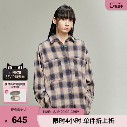 SLY 春季新品复古格纹撞色纯棉宽松长袖衬衫女038IAA30-1004