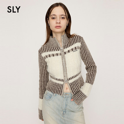 SLY 24冬季新品撞色软糯直筒立领拉链针织开衫女030HAR70-4861