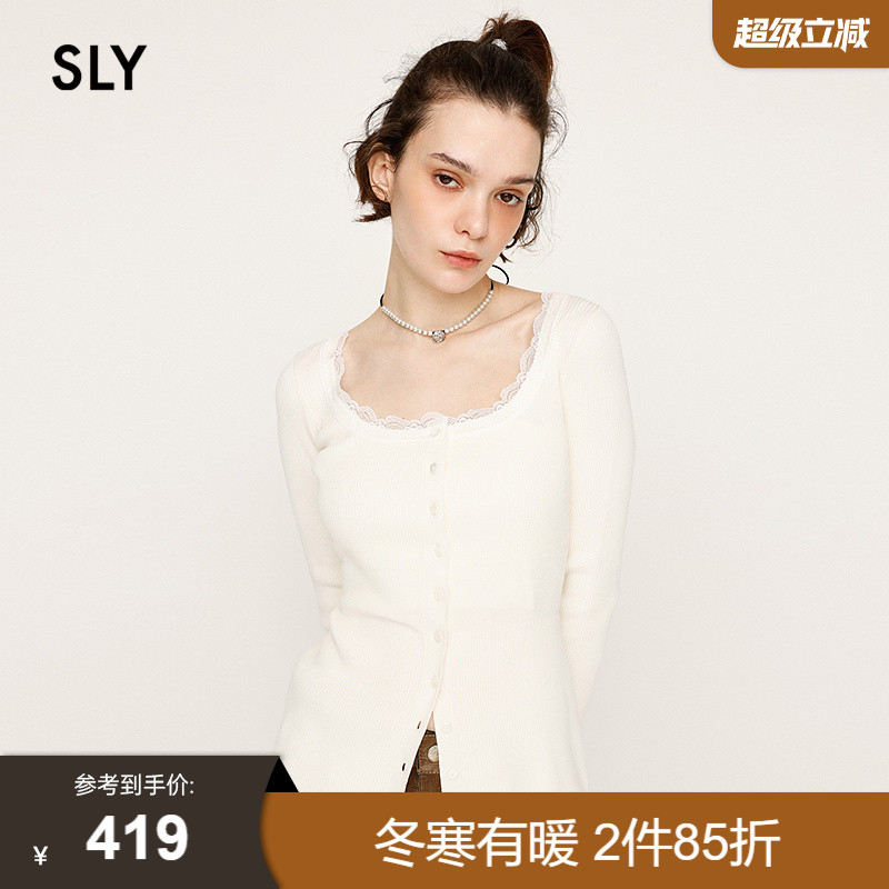SLY2025秋季新品淑女风蕾丝边圆领修身长袖针织衫女030IAZ70-1411