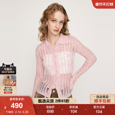 SLY秋季新品慵懒风破洞镂空时尚翻领针织开衫女030IA470-1781