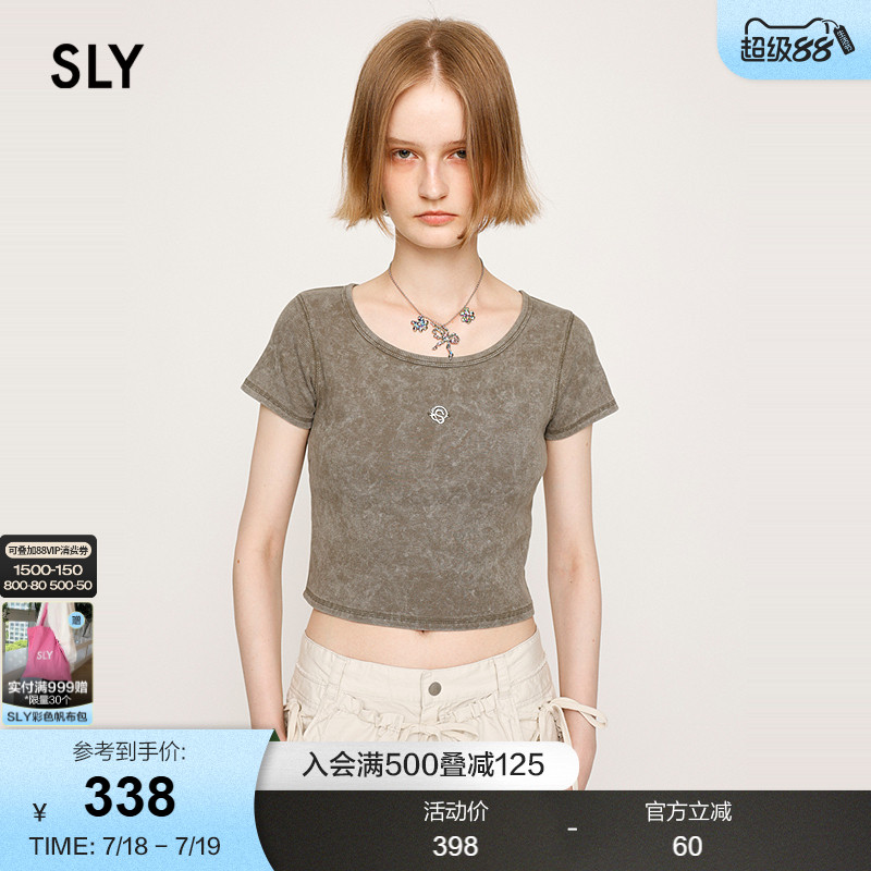 SLY 2025夏季新品复古金属标小巧短款圆领短袖T恤女030ISR80-3311