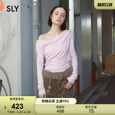 SLY春季新品优雅知性风纯色斜肩长袖荡领针织衫030IAR80-2151
