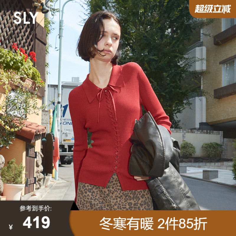 SLY 2025秋季新品通勤风系带翻领修身长袖针织衫女030IAZ70-1451
