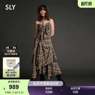 SLY早春新品 0341 甜辣复古格纹不规则下摆吊带连衣裙030IAZ33
