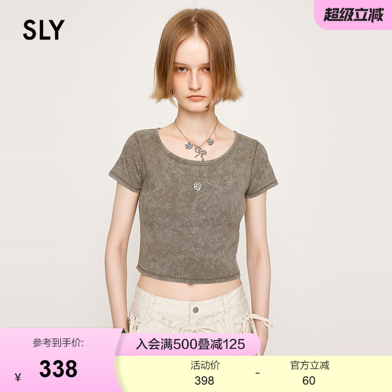 SLY 2025夏季新品复古金属标小巧短款圆领短袖T恤女030ISR80-3311