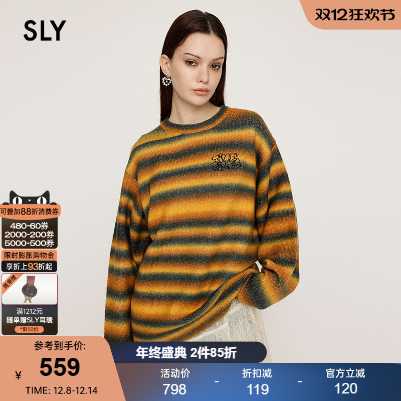 SLY 2024冬季新品鬼马少女撞色条纹刺绣针织衫毛衣030HAR70-4891