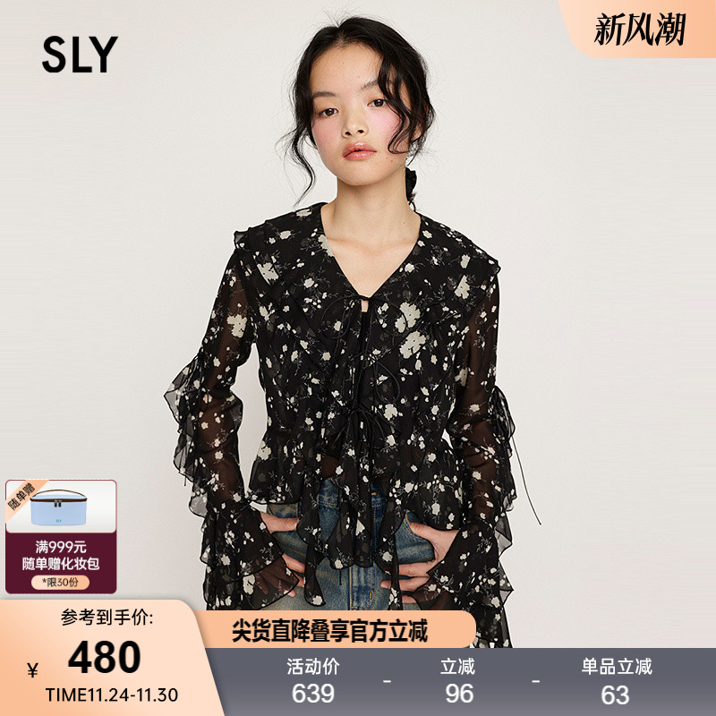 SLY 2025春季新品蝴蝶结荷叶边碎花雪纺长袖衬衫女030ISZ30-0931