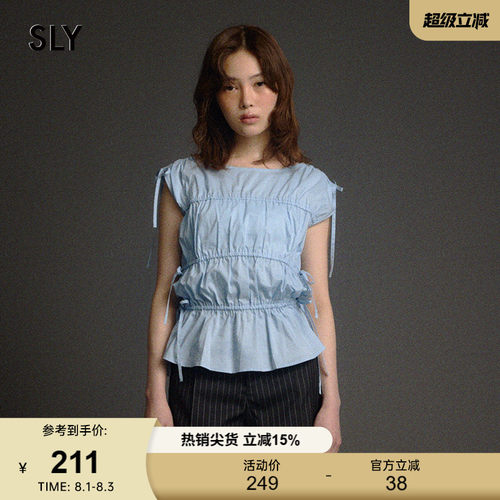 SLY早春新品甜美系带飞飞袖褶皱修身圆领衬衫女030ISZ30-4441