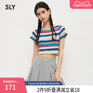 甜辣截短彩色条纹木耳边修身 SLY 新品 T恤女038GSU70 夏季 5910