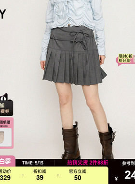 SLY 夏季新品双绑带蝴蝶结百褶裙拼接半身裙女030ISR31-5291
