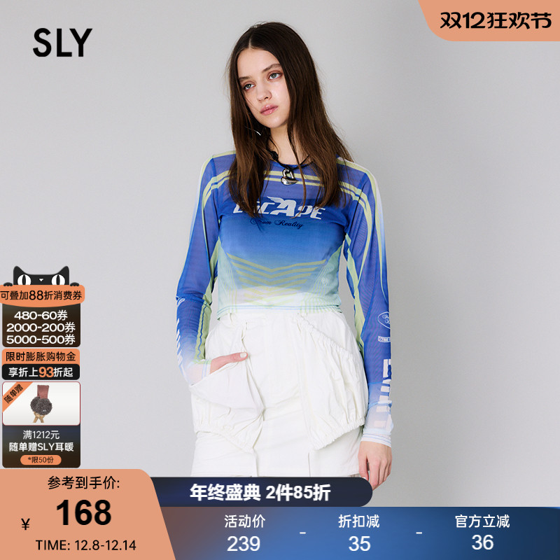 SLY渐变色图案Y2K玫瑰薄纱T恤