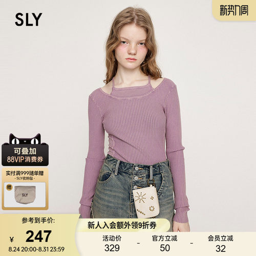 SLY 夏季新品假两件修身长袖针织衫打底小上衣030ISZ70-1821