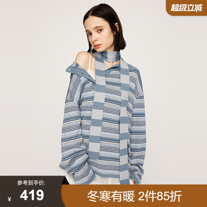 SLY2025秋季新品复古学院风撞色条纹polo领针织衫女030IAZ70-3191