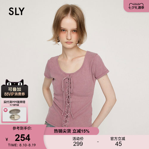 SLY 夏季新品甜美系带圆领修身舒适短袖上衣030ISR80-4551