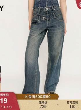SLY冬季新品美式辣妹风解构双腰头低腰牛仔裤030HSZ11-1211