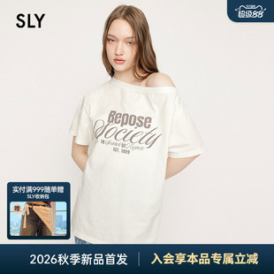 SLY 2026夏季新品简约慵懒风宽松斜肩印花短袖T恤女030JSA90-4561