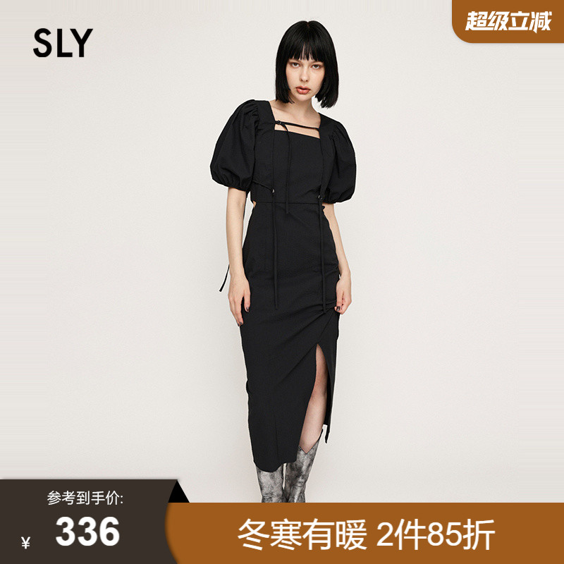 sly气质优雅泡泡袖两件套连衣裙