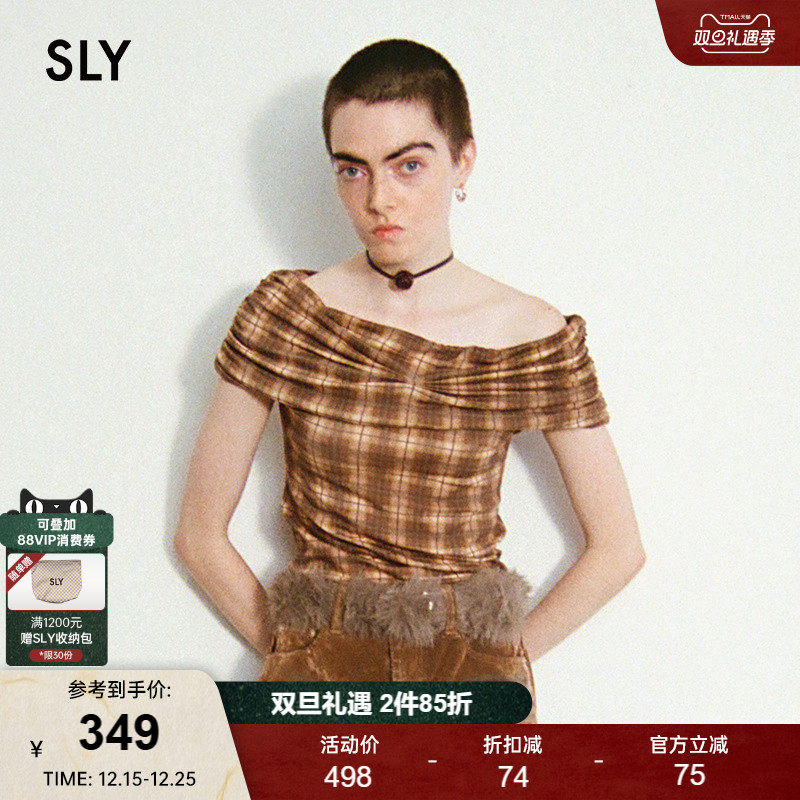 SLY 2025早秋新品复古格子捏褶一字领短袖针织衫女030IAR80-0681
