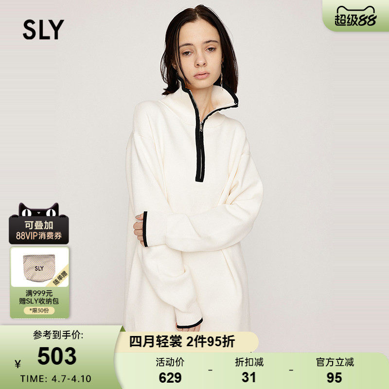 SLY春季新品简约通勤风撞色半拉链针织连衣裙女030IA473-2901
