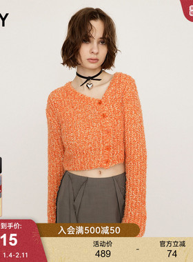 SLY 2025春季新品淑女风V领斜门襟短款针织开衫上衣030ISY70-0451