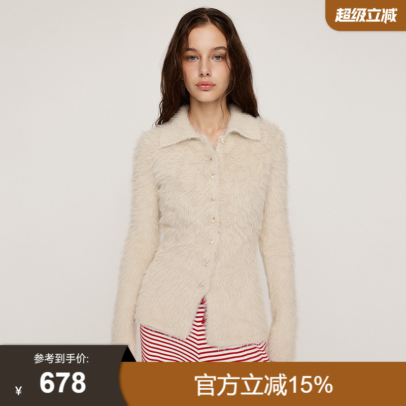 SLY2025冬季新品甜酷风简约毛绒修身翻领针织开衫女030IAZ70-2741