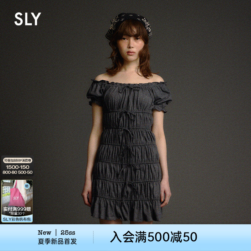SLY 2025早秋新品优雅系带木耳边一字领修身连衣裙030IAZ83-0181