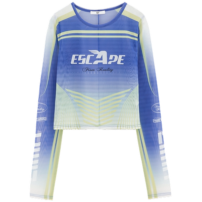 SLY渐变色图案Y2K玫瑰薄纱T恤