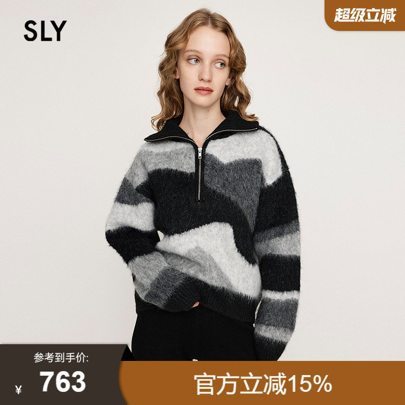 SLY 2025冬季新品甜酷盐系风拼色半拉链针织毛衣女030IAZ70-1601
